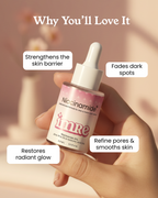 Imre High Strength Niacinamide 20% serum bottle highlighting benefits like skin barrier strength and dark spot fading.