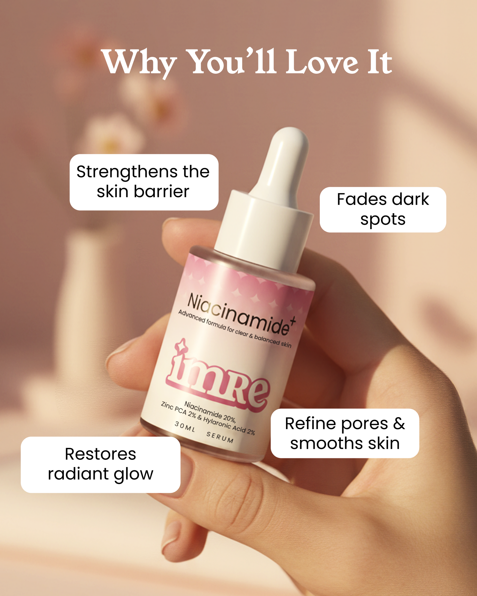Imre High Strength Niacinamide 20% serum bottle highlighting benefits like skin barrier strength and dark spot fading.